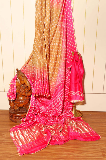 Pink and Mustard Shaded Bandhani Saree with Rich Gold Pallu 117