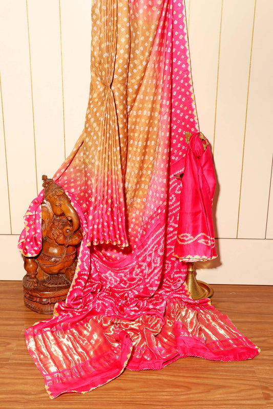Pink and Mustard Shaded Bandhani Saree with Rich Gold Pallu 117