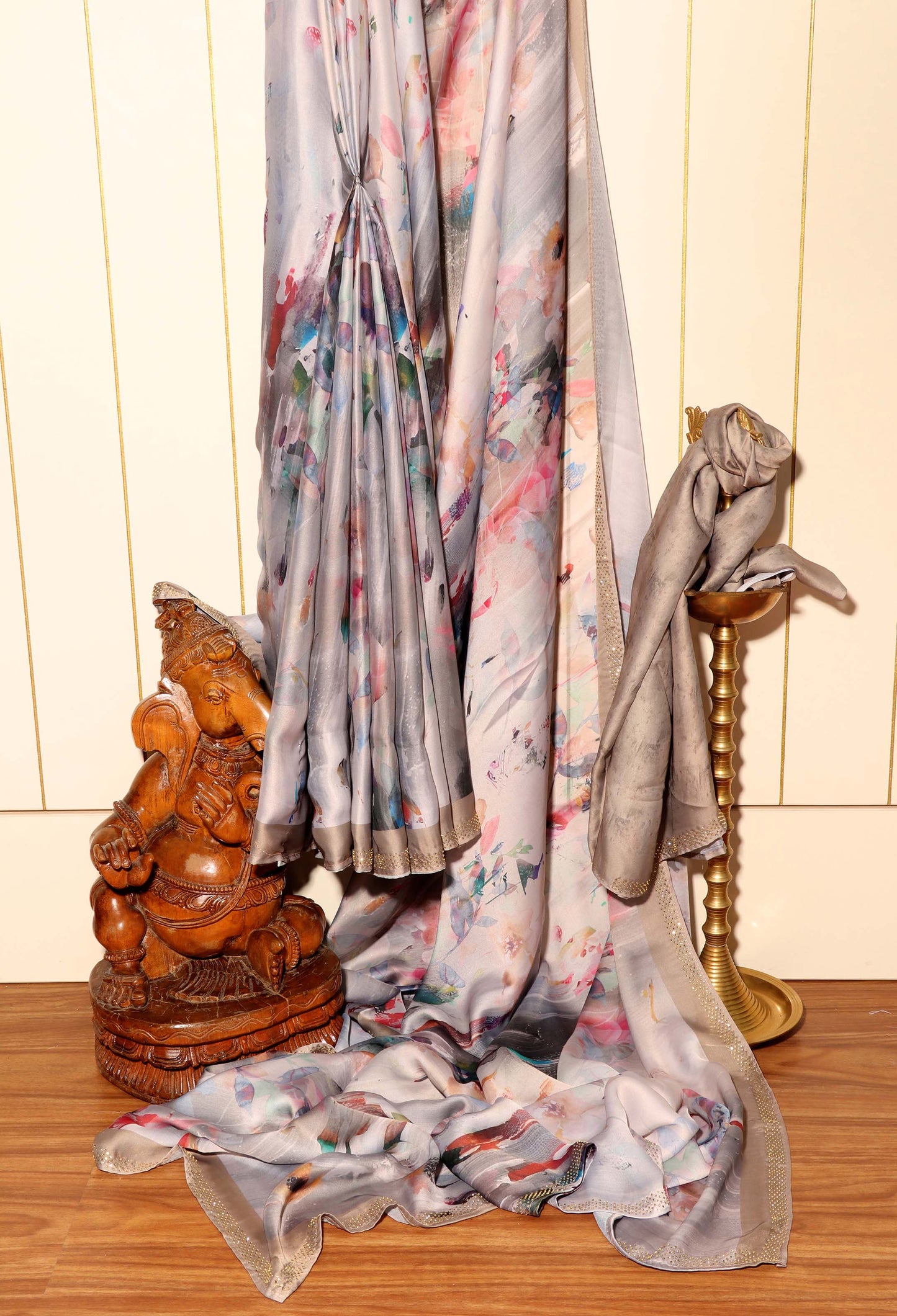 Grey Georgette Saree with Color Splashes and Swarovski Border 118
