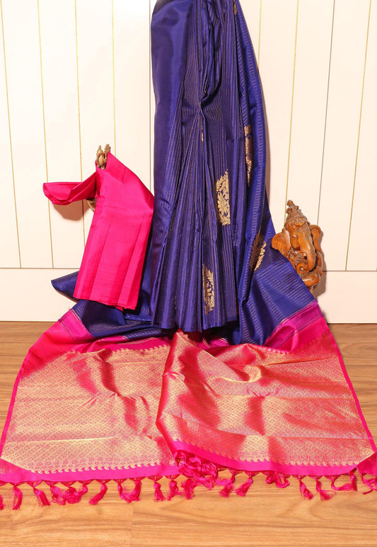 Blueberry & Rani Pink Kanjeevaram Silk Saree 050