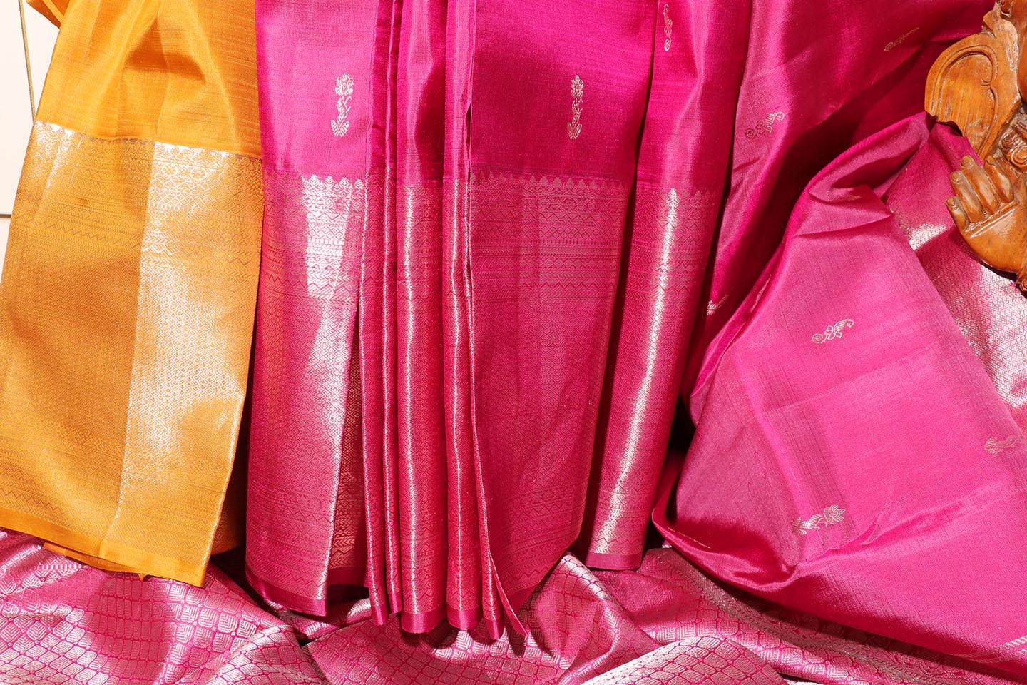 Rose Pink & Mustard Yellow Kanjeevaram Silk Saree 051