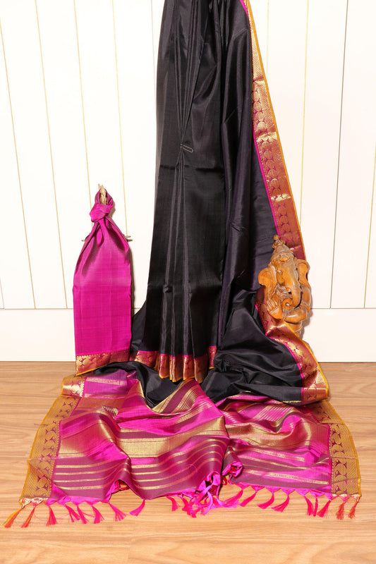 Black & Rani Pink Contemporary Kanjeevaram Silk Saree 052