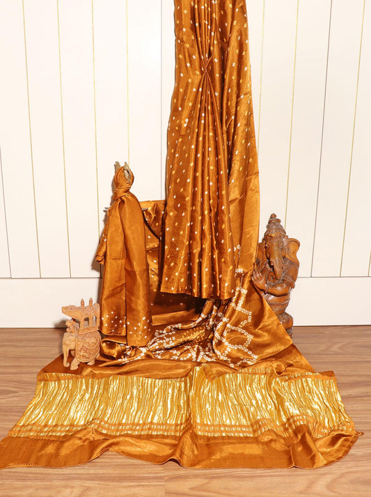 Mustard Ochre Hand-Tied Bandhani Silk Saree 053