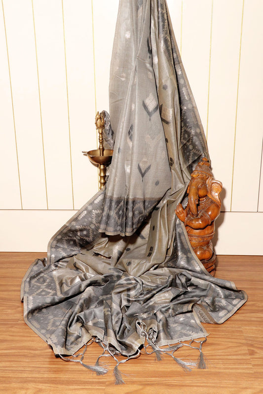 Ash Grey Ikkat-Inspired Linen Saree 057