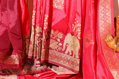 Shocking Pink & Purple Dola Silk Saree with Royal Motifs 060