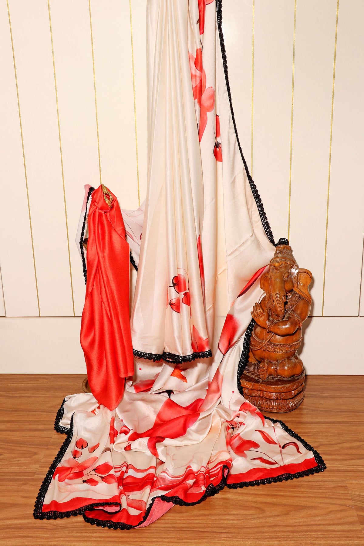 Ivory Blossom Digital Print Saree with Black Lace Border 063