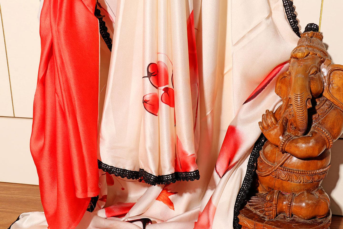 Ivory Blossom Digital Print Saree with Black Lace Border 063