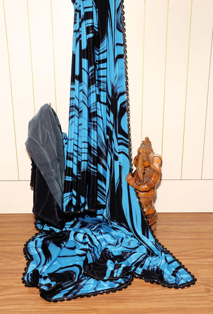 Midnight Wave Blue & Black Digital Print Saree with Swarovski Border 064