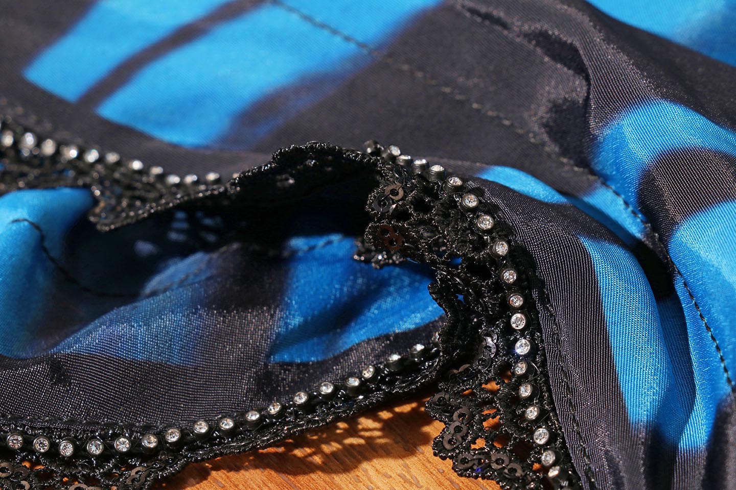 Midnight Wave Blue & Black Digital Print Saree with Swarovski Border 064