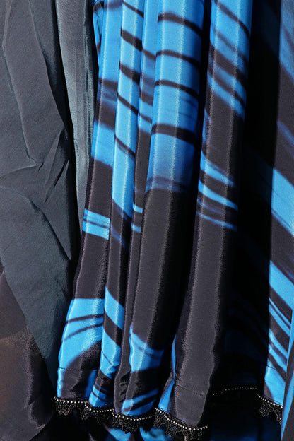 Midnight Wave Blue & Black Digital Print Saree with Swarovski Border 064