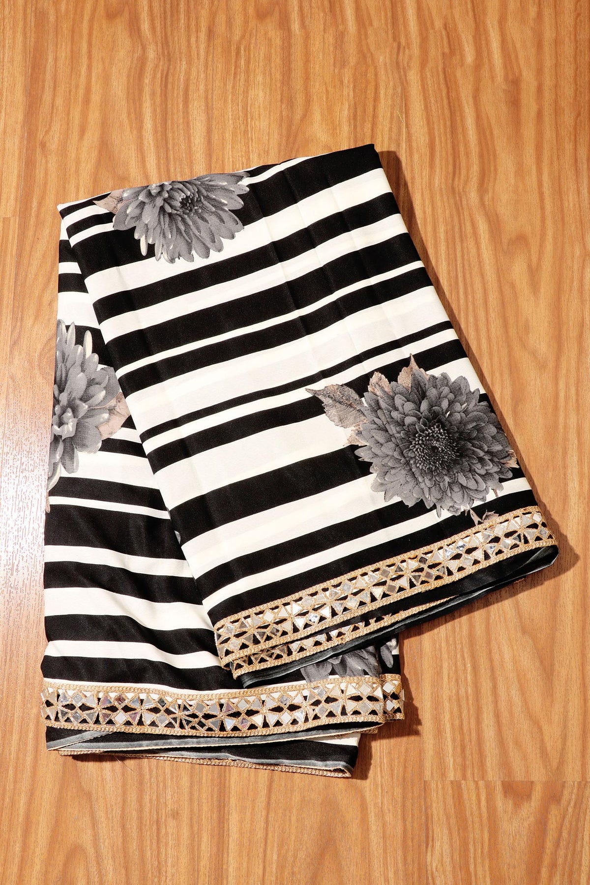 Monochrome Chrysanthemum Striped Saree with Mirror Gota Border 065