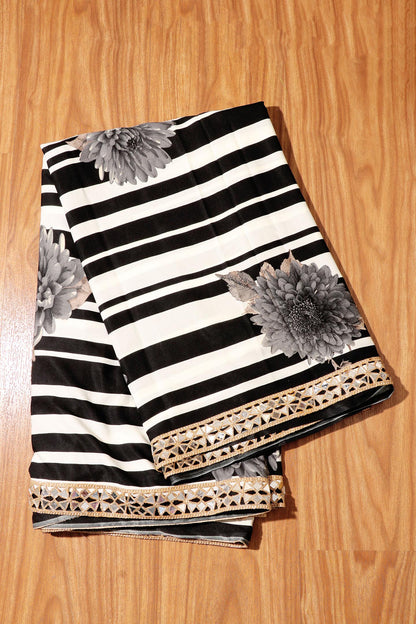 Monochrome Chrysanthemum Striped Saree with Mirror Gota Border 065