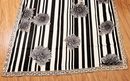 Monochrome Chrysanthemum Striped Saree with Mirror Gota Border 065