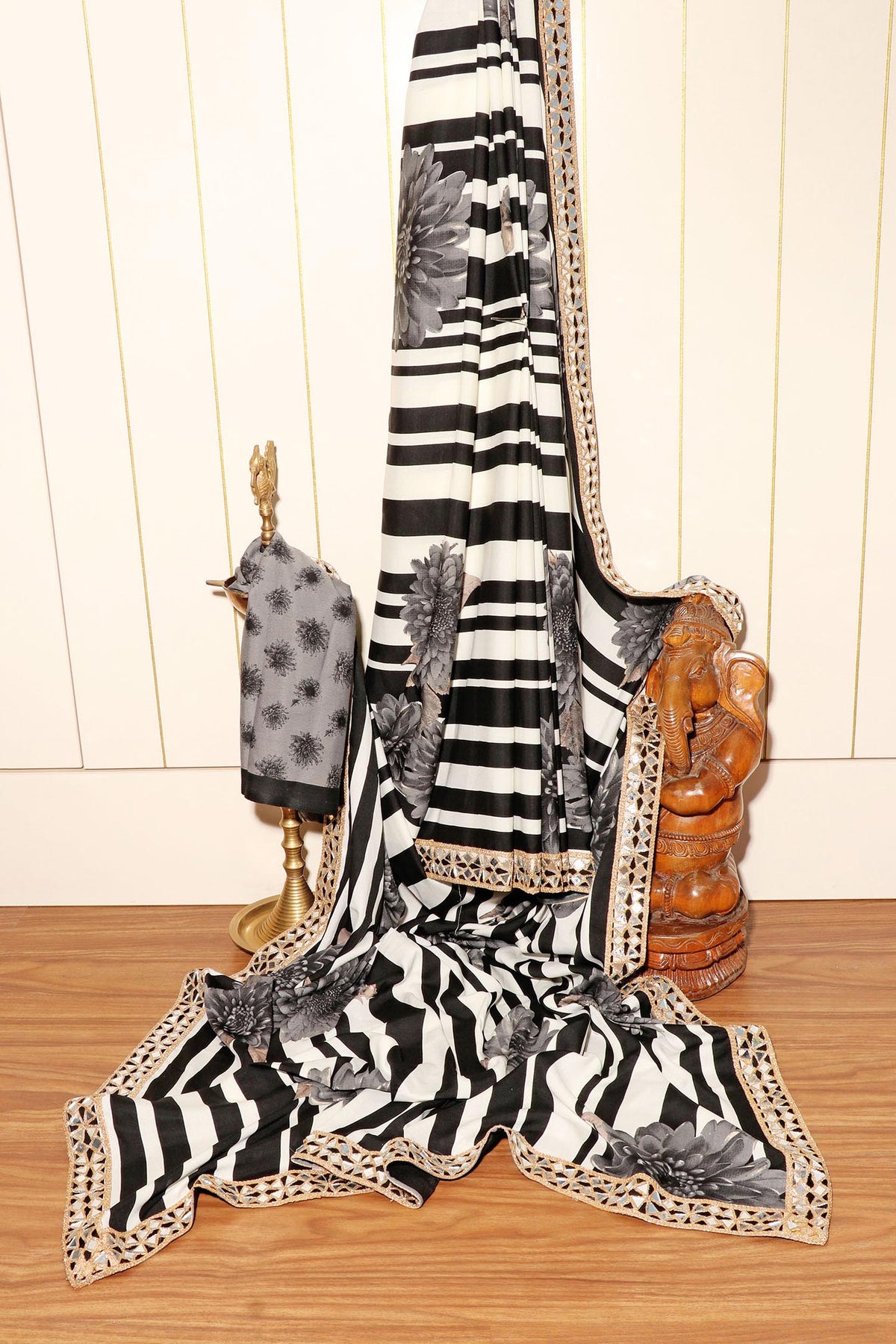 Monochrome Chrysanthemum Striped Saree with Mirror Gota Border 065