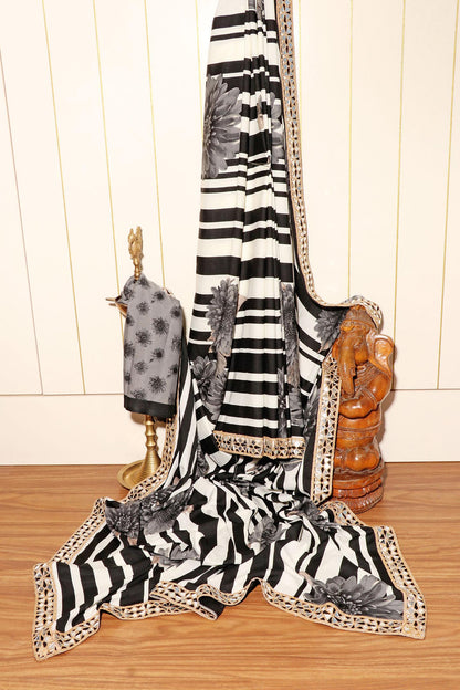 Monochrome Chrysanthemum Striped Saree with Mirror Gota Border 065