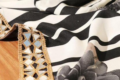 Monochrome Chrysanthemum Striped Saree with Mirror Gota Border 065