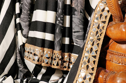 Monochrome Chrysanthemum Striped Saree with Mirror Gota Border 065