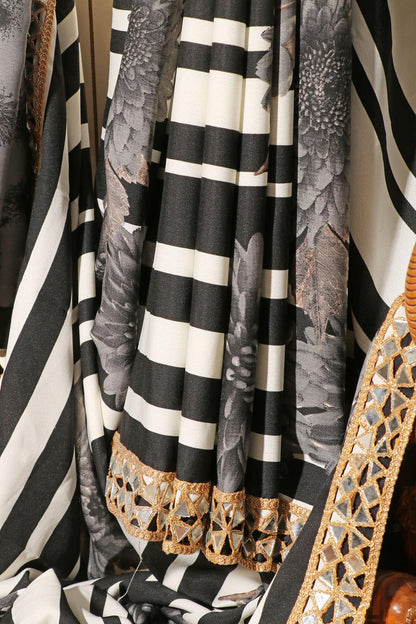 Monochrome Chrysanthemum Striped Saree with Mirror Gota Border 065