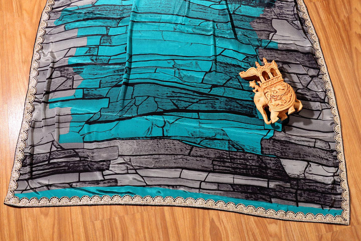 Teal Stone Digital Print  Pre-Draped Saree with Gota Lace Border 068