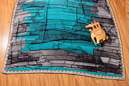 Teal Stone Digital Print  Pre-Draped Saree with Gota Lace Border 068