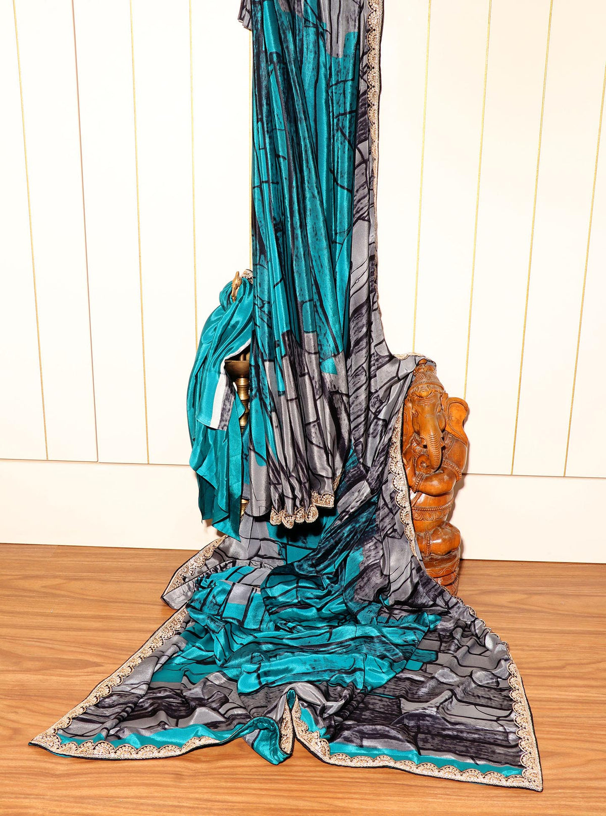 Teal Stone Digital Print  Pre-Draped Saree with Gota Lace Border 068