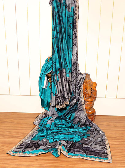 Teal Stone Digital Print  Pre-Draped Saree with Gota Lace Border 068