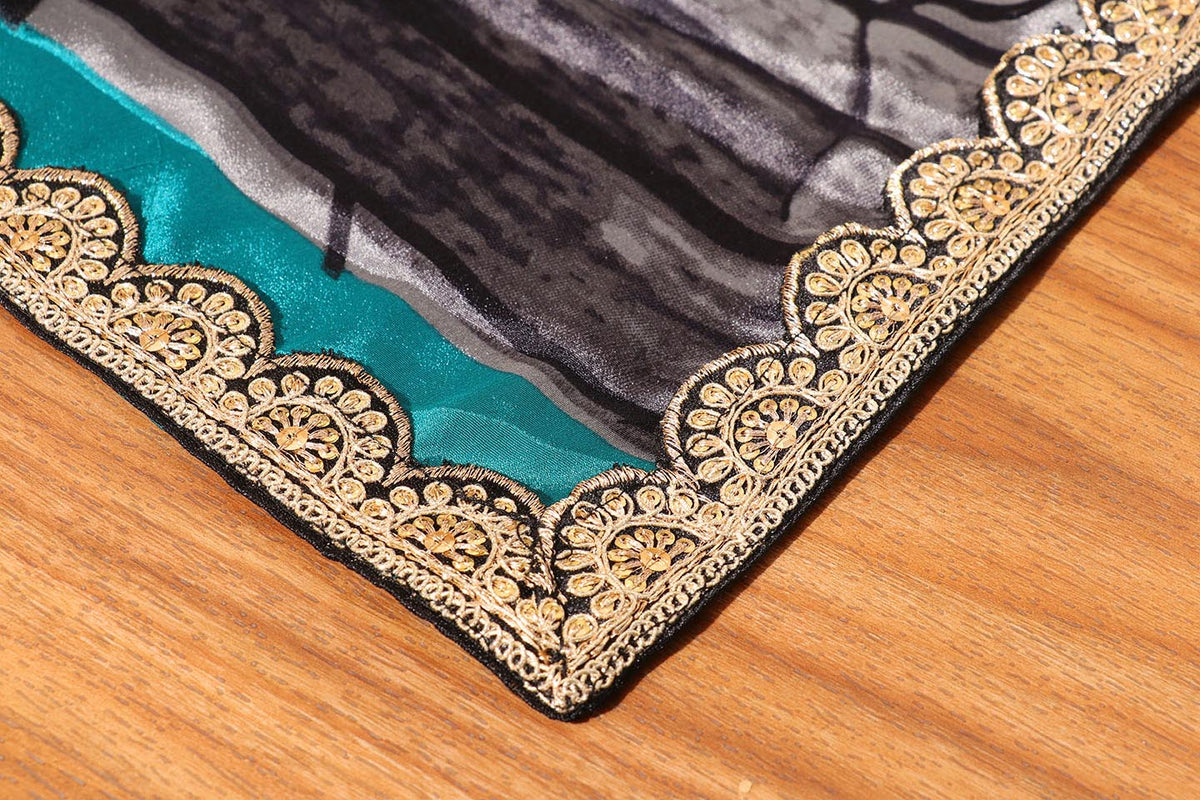 Teal Stone Digital Print  Pre-Draped Saree with Gota Lace Border 068