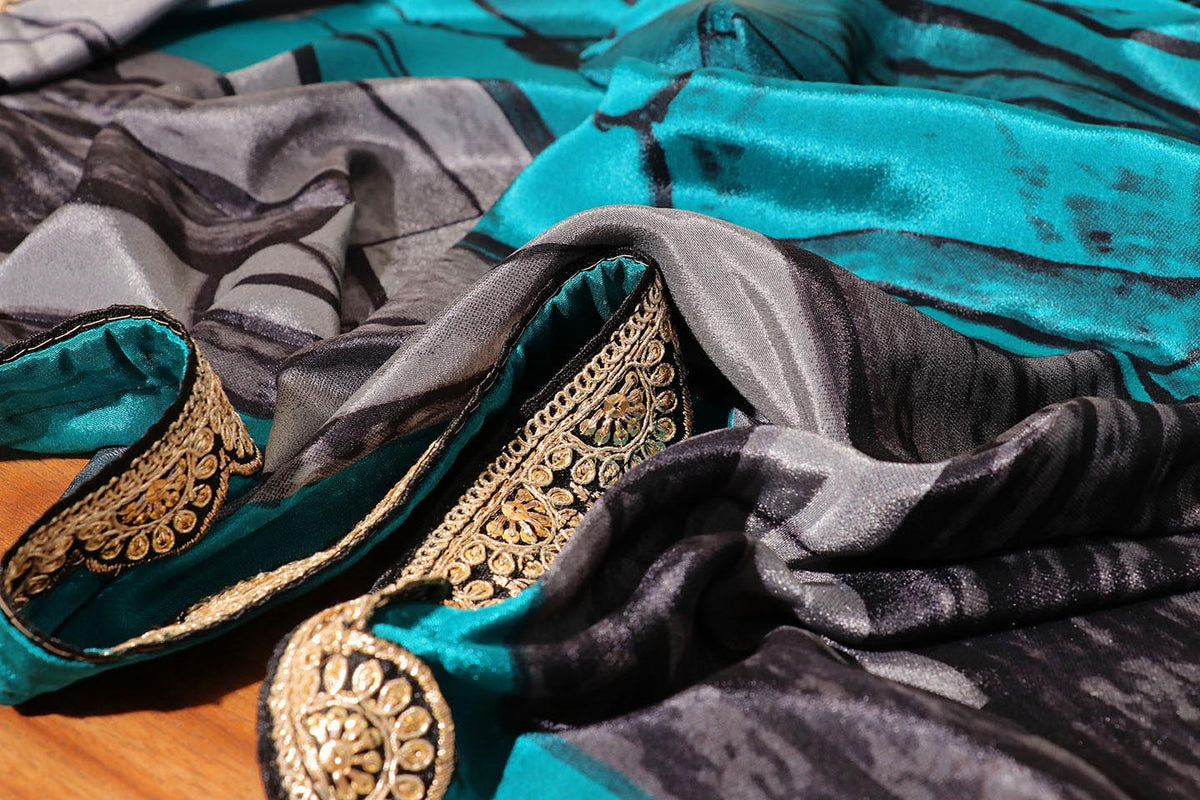 Teal Stone Digital Print  Pre-Draped Saree with Gota Lace Border 068