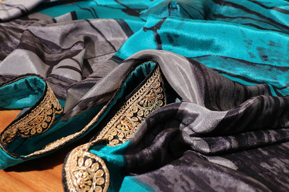Teal Stone Digital Print  Pre-Draped Saree with Gota Lace Border 068