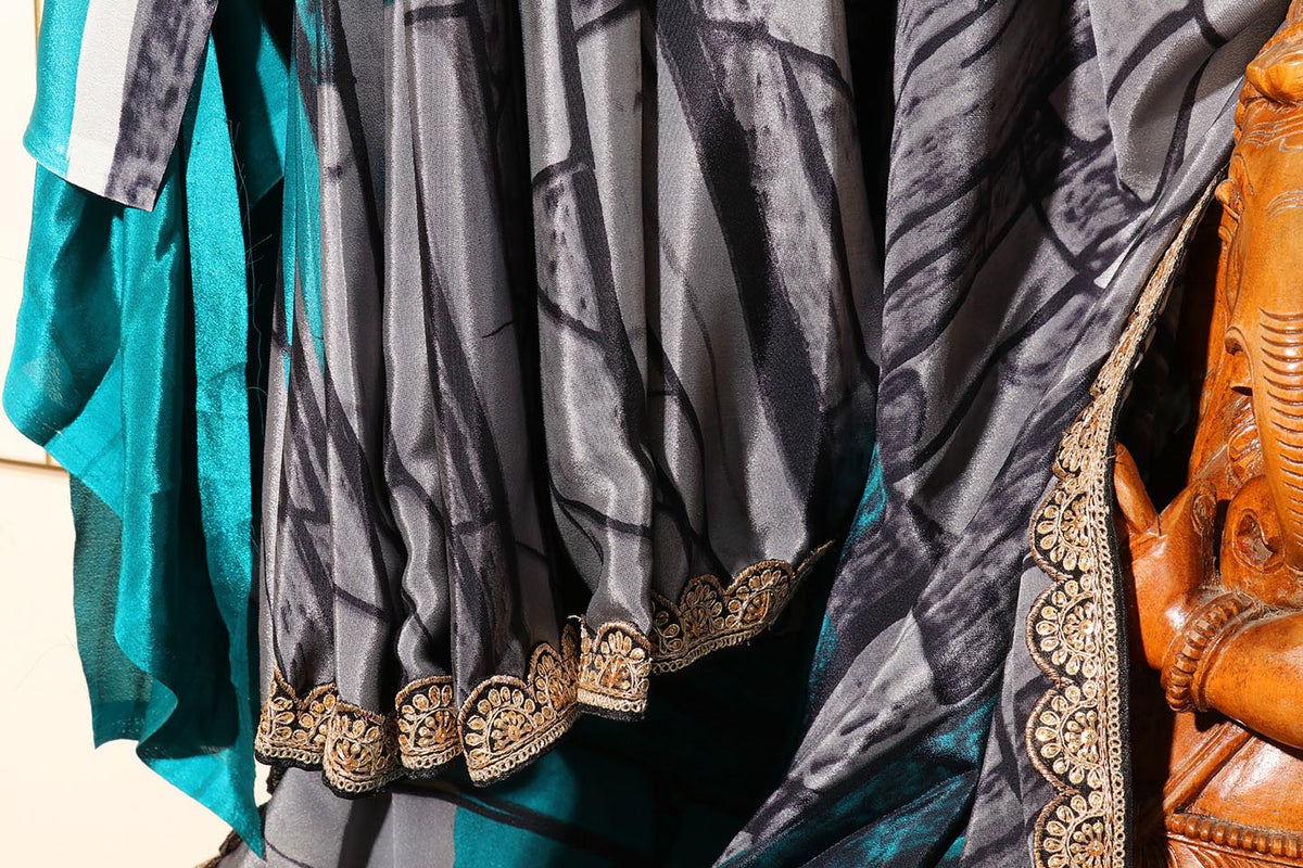 Teal Stone Digital Print  Pre-Draped Saree with Gota Lace Border 068