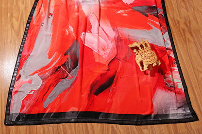 Smoke & Flame Digital Print Saree with Sequin Black Border 070