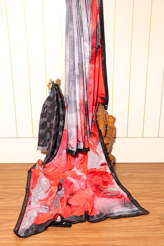 Smoke & Flame Digital Print Saree with Sequin Black Border 070