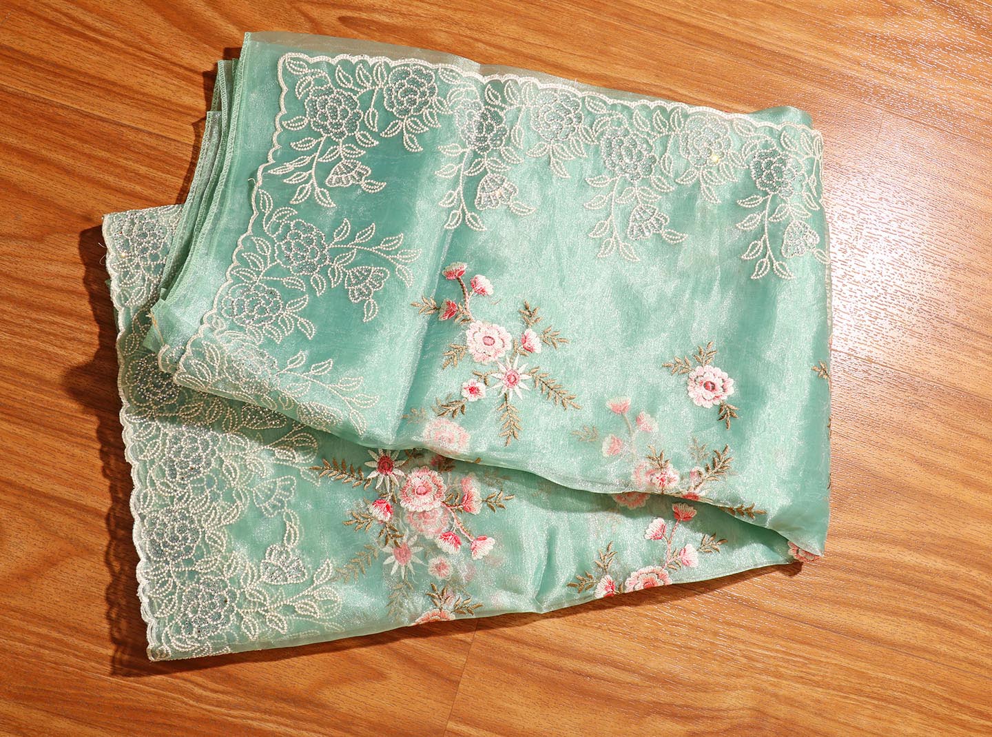 Sage Green Tissue Organza Saree with Pearl & Swarovski Border 074