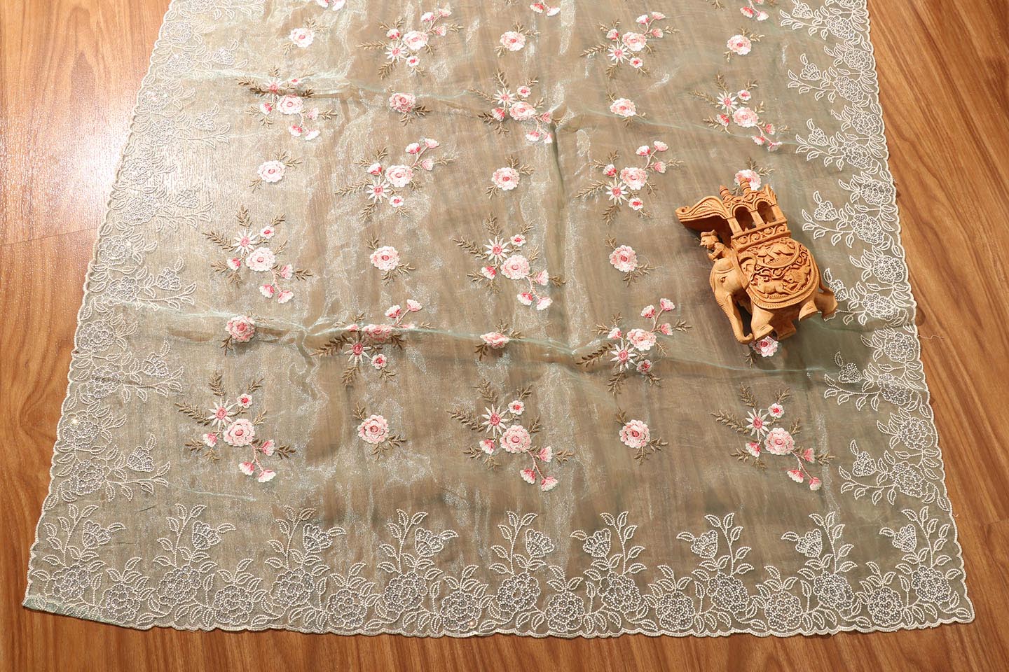 Sage Green Tissue Organza Saree with Pearl & Swarovski Border 074