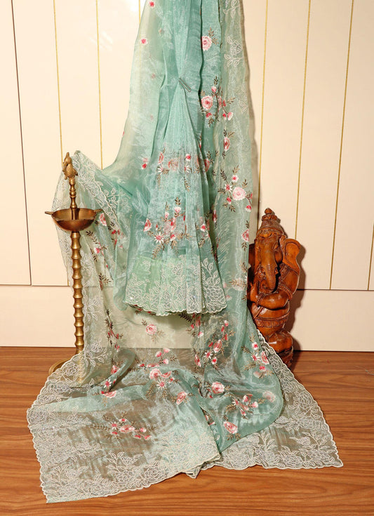 Sage Green Tissue Organza Saree with Pearl & Swarovski Border 074