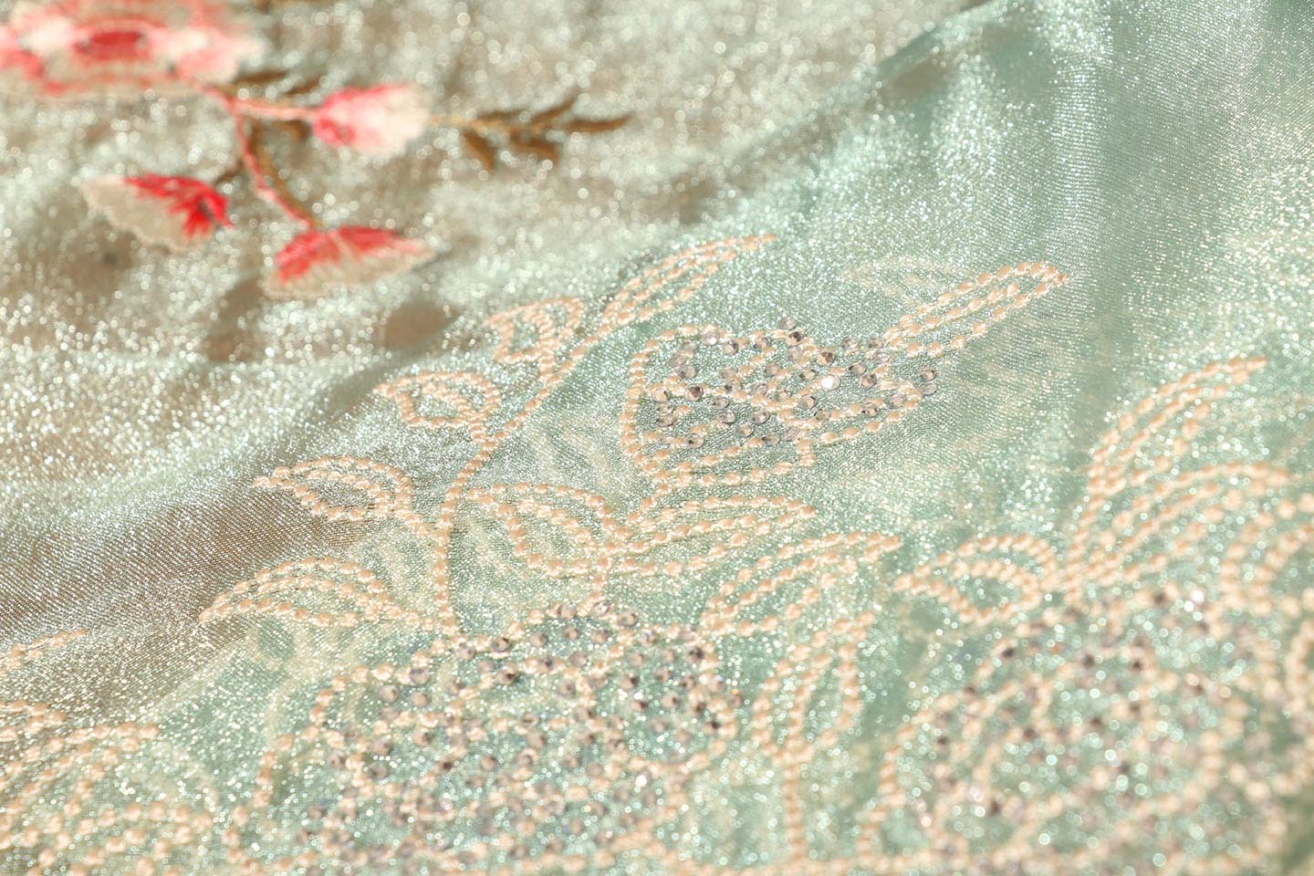 Sage Green Tissue Organza Saree with Pearl & Swarovski Border 074