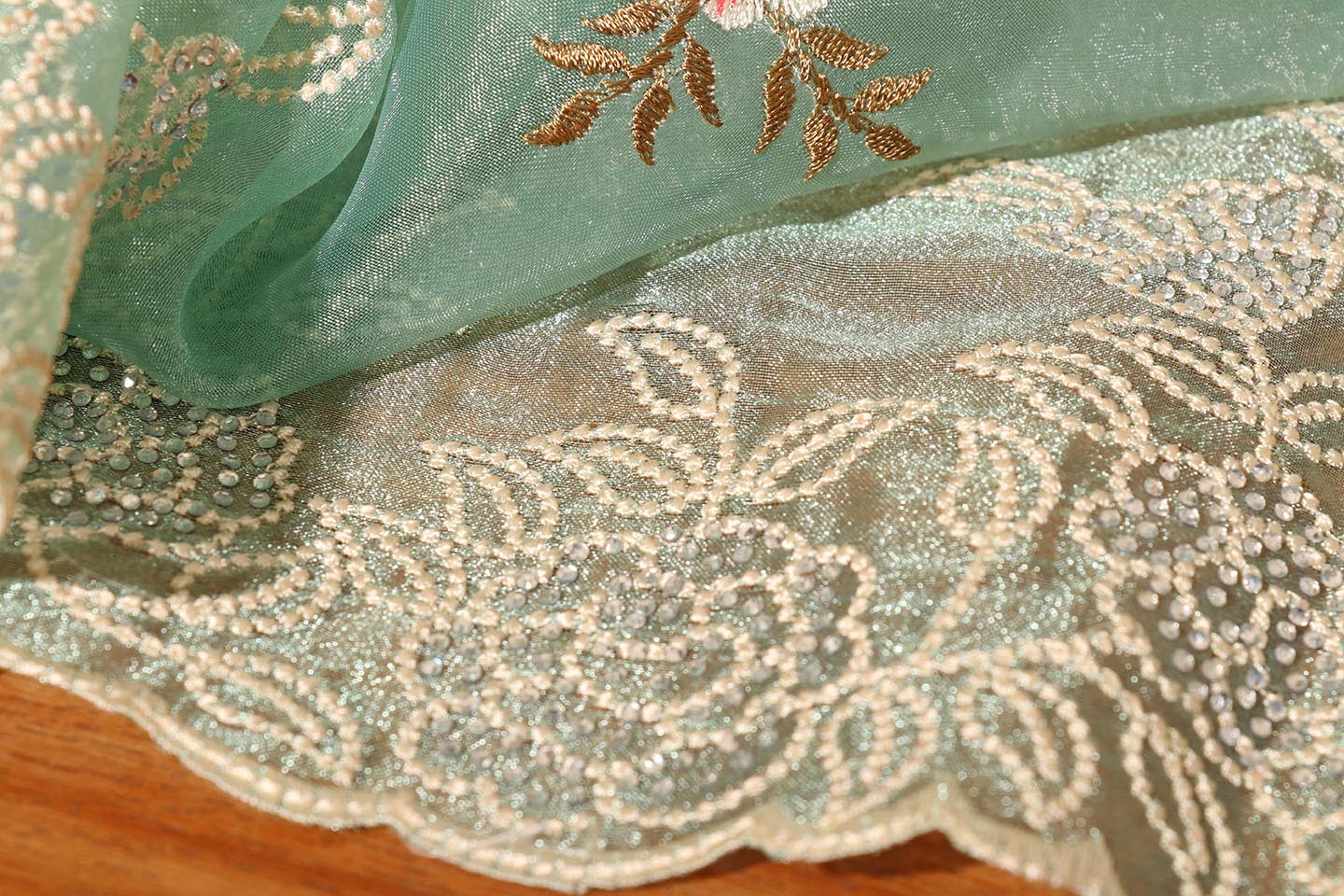 Sage Green Tissue Organza Saree with Pearl & Swarovski Border 074