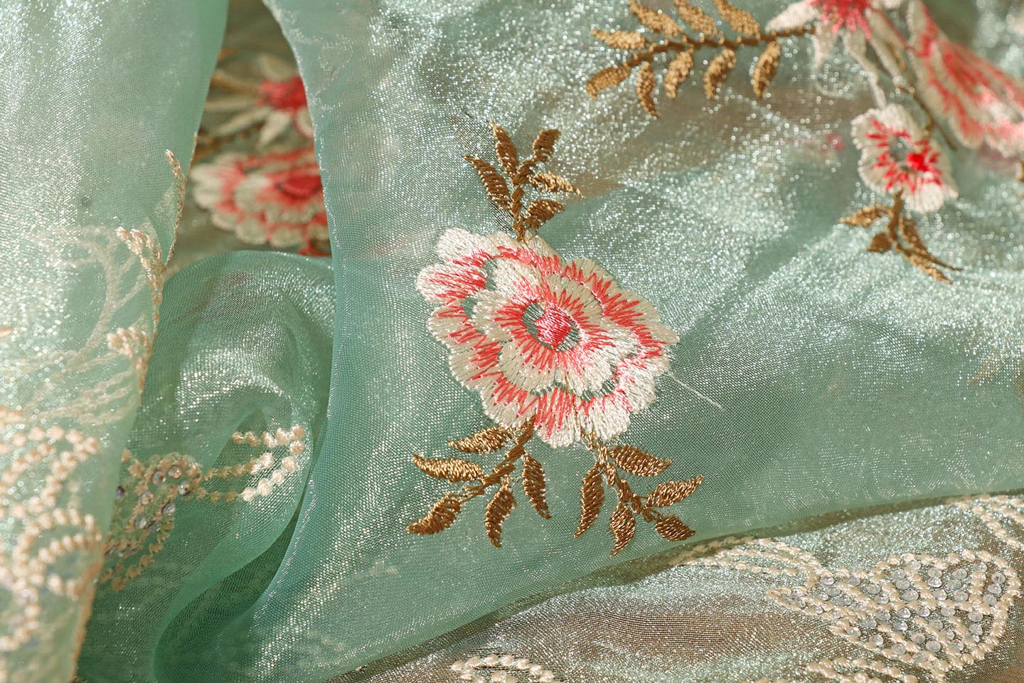 Sage Green Tissue Organza Saree with Pearl & Swarovski Border 074