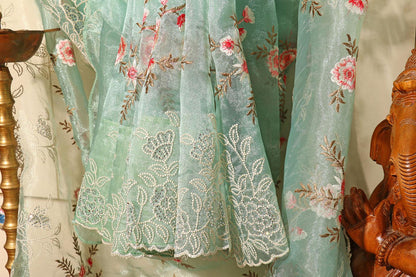 Sage Green Tissue Organza Saree with Pearl & Swarovski Border 074