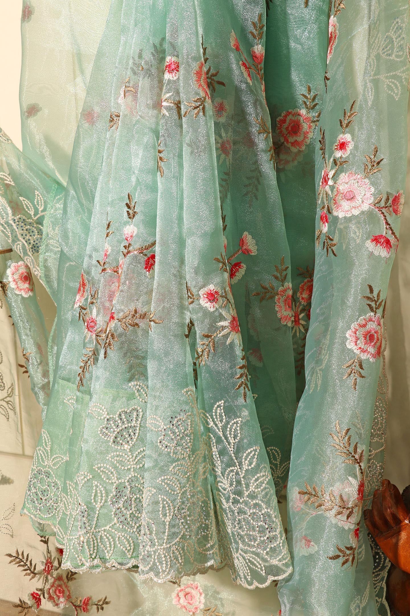 Sage Green Tissue Organza Saree with Pearl & Swarovski Border 074