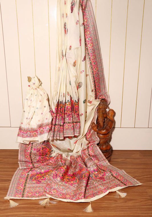Suhani Silk Saree in Ivory with Multicolor Butti & Woven Animal Motifs 077