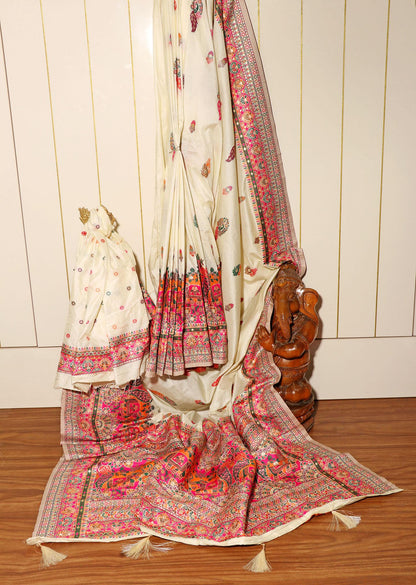 Suhani Silk Saree in Ivory with Multicolor Butti & Woven Animal Motifs 077