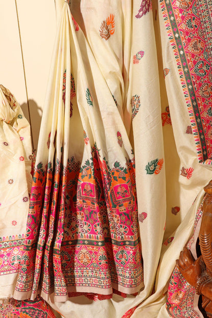Suhani Silk Saree in Ivory with Multicolor Butti & Woven Animal Motifs 077