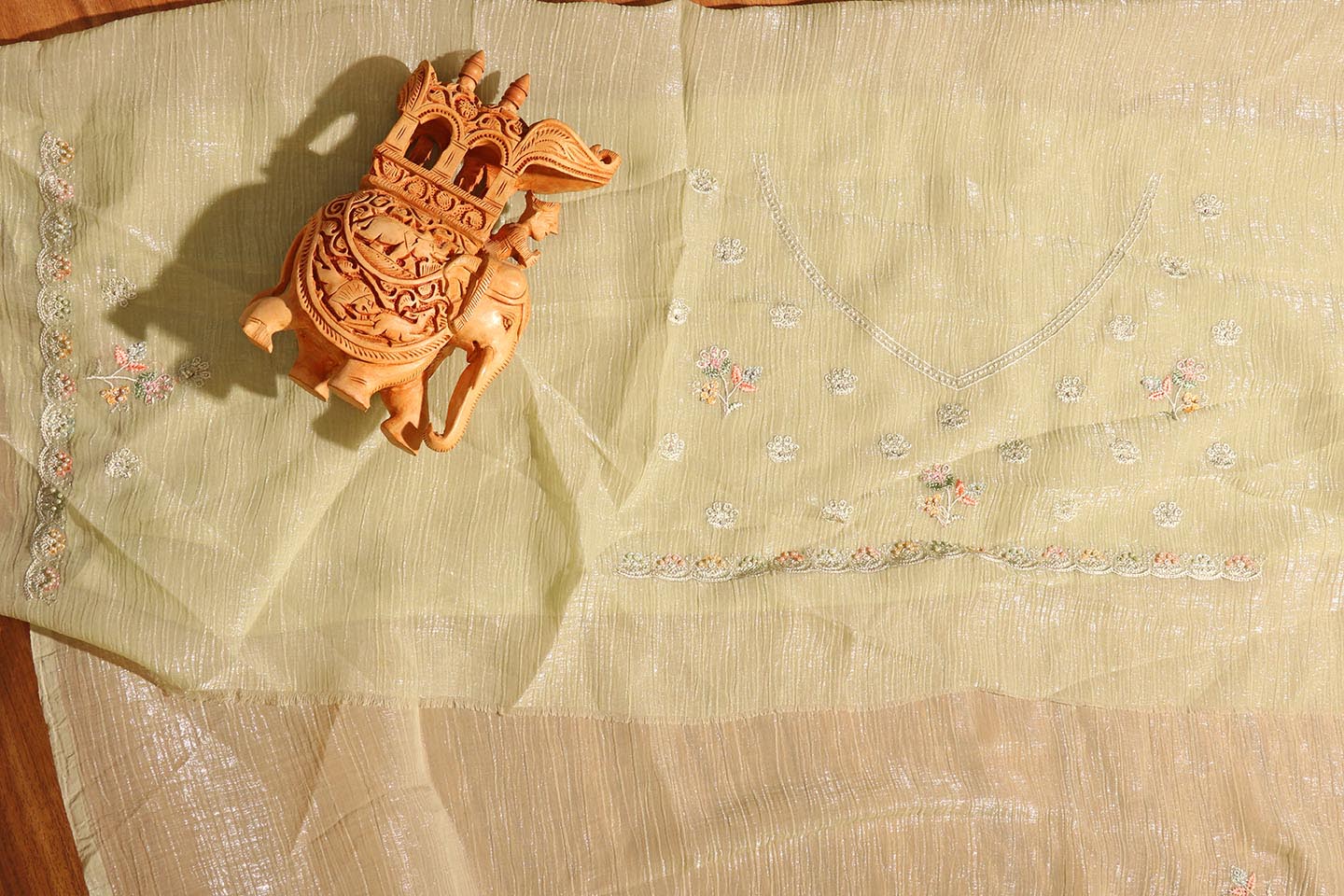 Pista Whisper Chiffon Tissue Saree with Pastel Embroidery & Swarovski Detail 078