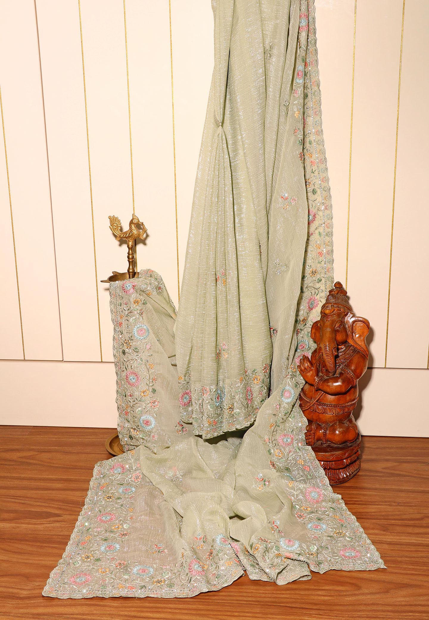 Pista Whisper Chiffon Tissue Saree with Pastel Embroidery & Swarovski Detail 078