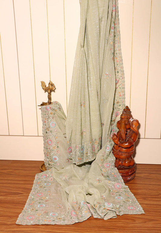 Pista Whisper Chiffon Tissue Saree with Pastel Embroidery & Swarovski Detail 078