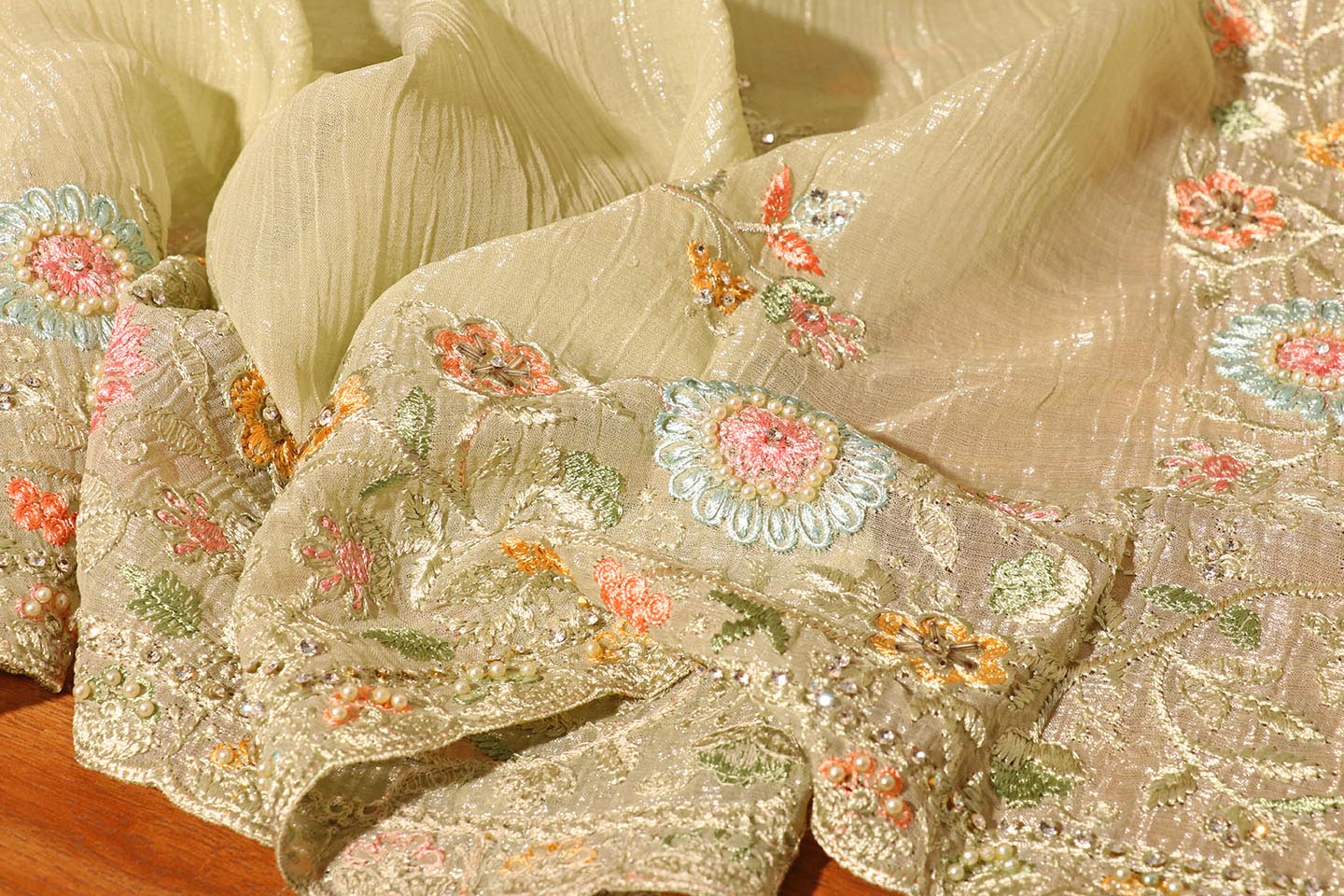 Pista Whisper Chiffon Tissue Saree with Pastel Embroidery & Swarovski Detail 078