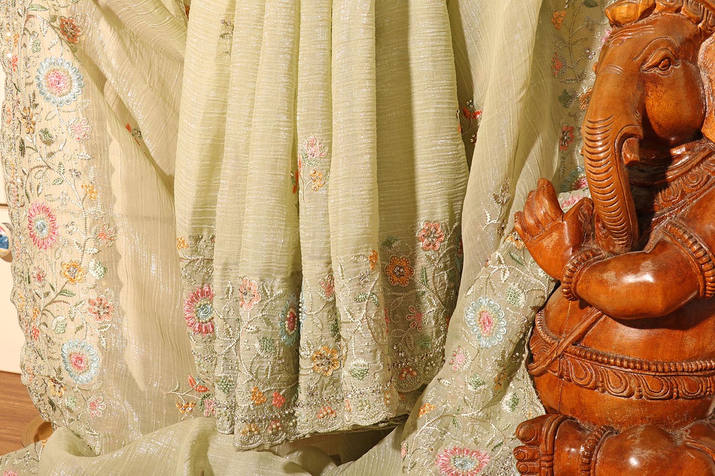 Pista Whisper Chiffon Tissue Saree with Pastel Embroidery & Swarovski Detail 078