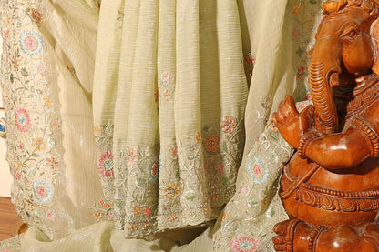 Pista Whisper Chiffon Tissue Saree with Pastel Embroidery & Swarovski Detail 078