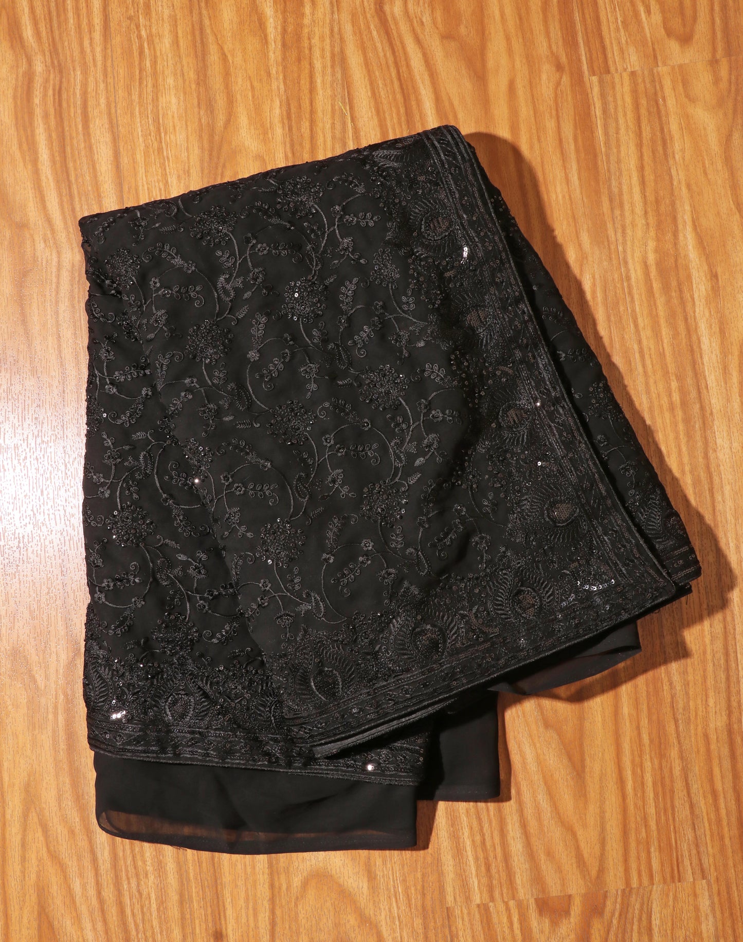 Midnight Elegance Embroidered Black Saree 084